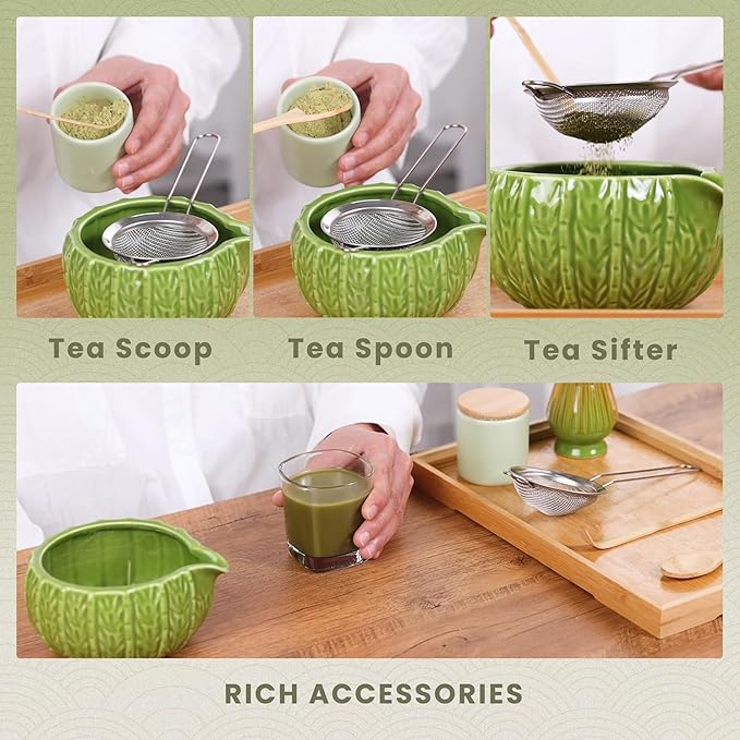 Matcha Whisk Set, Cactus Light Green Ceramic Matcha Set Includes Matcha Bowl, Matcha Whisk (Chasen) and Holder, Sifter, Bamboo Scoop & Spoon - 6 Pcs Matcha Kit for Matcha Lovers - Bloomnest