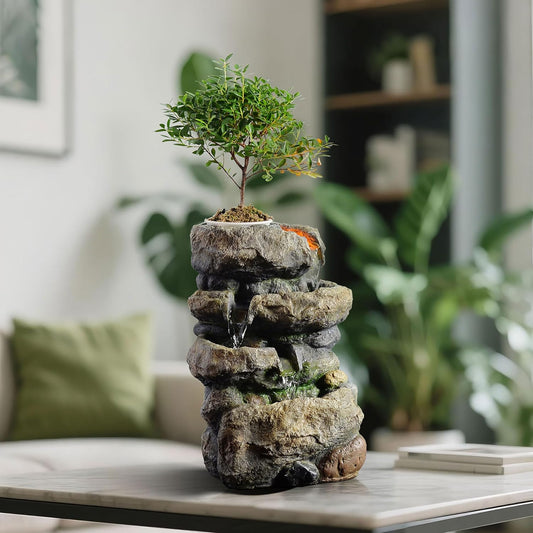 Kalona Tabletop Waterfall Fountain Rockery Fountains Soothing Sound Tabletop Fountains Home/Office Decor with a Small Plastic Pot to Grow The Plant by Yourself(Automatic Watering)(22020)