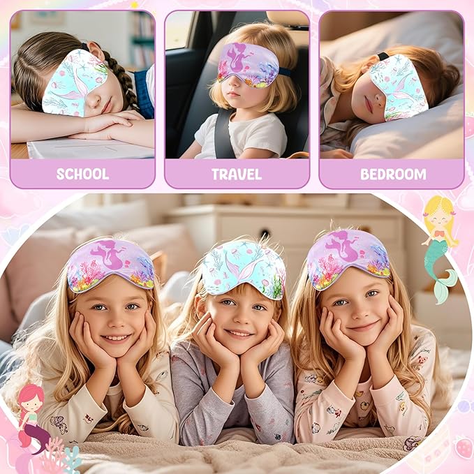2 Pcs Sleep Mask for Kids Girls, Silk Eye Covers for Sleeping, Adjustable Strap & Light Blocking Design, Children's Bedtime Blindfold for Travel and Home Use (Mermaid) - Bloomnest