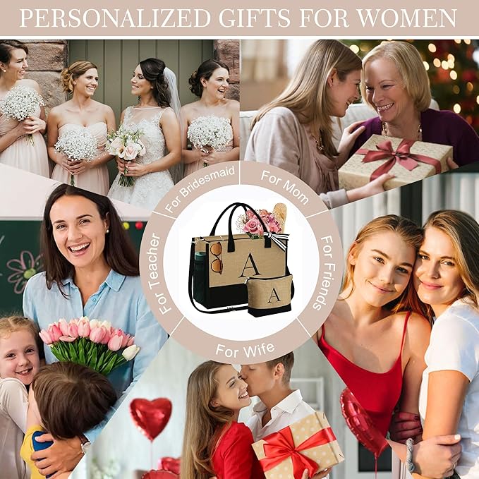 YOOLIFE Valentines Day Gifts for Her - Initial Jute Tote Bag & Makeup Bag, Birthday Gifts for Women Teacher Mom Wife Friend - Bloomnest