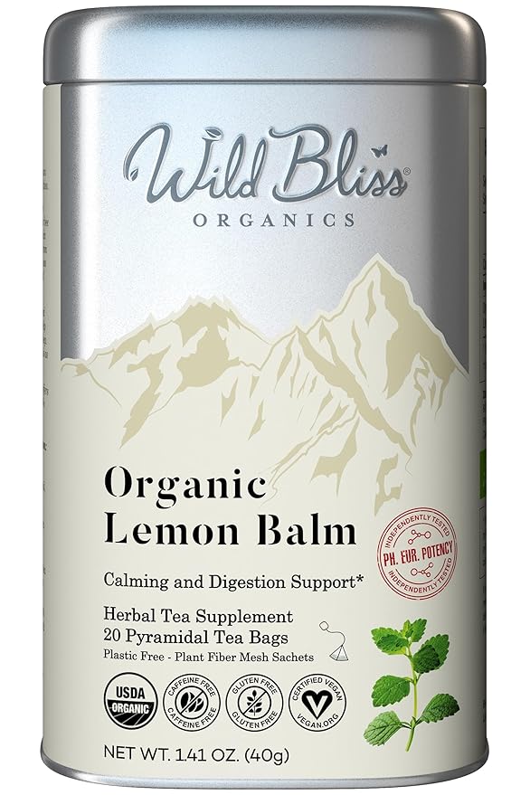 Organic Lemon Balm Tea - Caffeine Free Calming Herbal Tea - Pharmacopoeia Potency - 20 Plant Based Tea Bags - Bloomnest