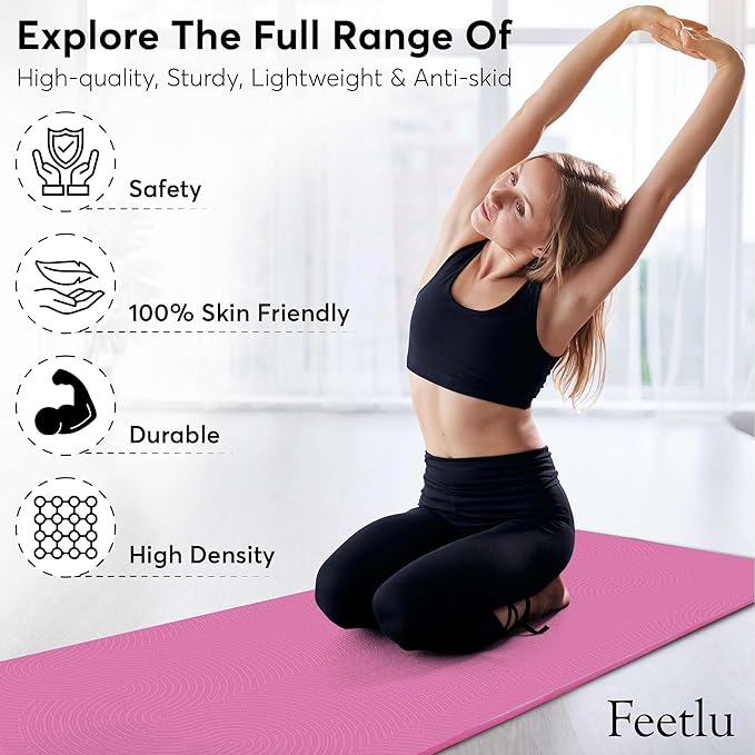 Extra Thick 12mm Exercise Mat – Non-Slip, Joint-Friendly & Cushioned Fitness Mat for Yoga, Pilates & Floor Workouts – Durable, Supportive & Includes Feetlu Classic Strap