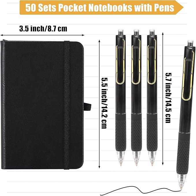 Aodaer 50 Sets Pocket Notebook Journal with Pens, 160 Pages, 3.5 x 5.5 Inch Mini Lined Journal Notebook A6 Leather Hardcover College Ruled Notepad with Pen Holder for School Office Gifts, Black - Bloomnest