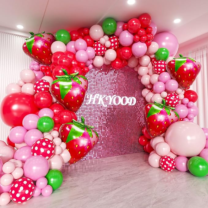 Strawberry Balloon Arch, Red and Pink Green Balloons with Strawberry Balloons Garland Arch Kit for Sweet Girl Berry First Themed Baby Shower Valentine's Day Birthday Party Decorations Set - Bloomnest
