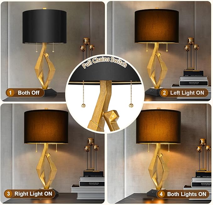 Sculptural Table Lamp Set of 2 with USB Ports For Living Room, Gold Leaf Finish Farmhouse Bedside Lamps with S Cluster Pull Chains Switch for Bedroom, Rustic Nightstand Lamp for Office, Hotel, Bar - Bloomnest
