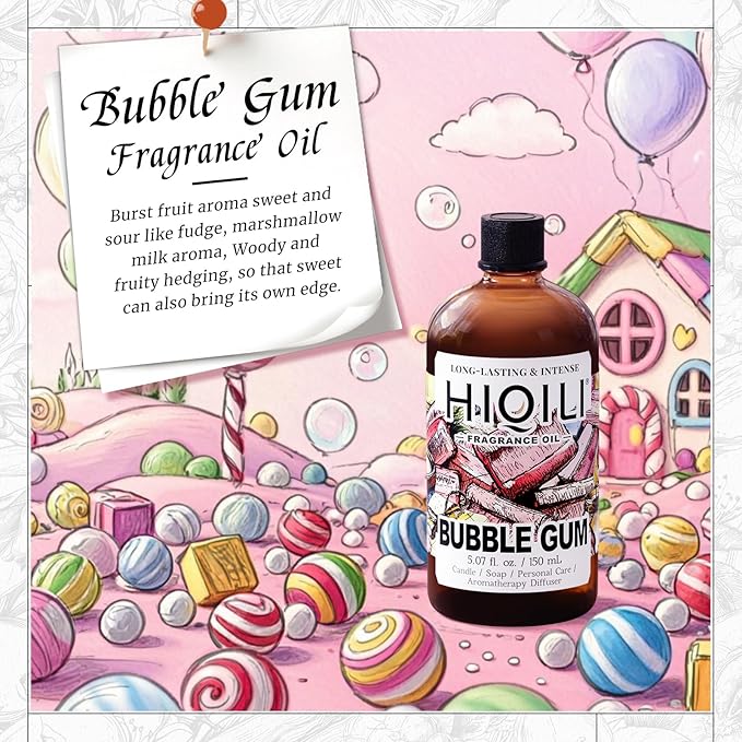HIQILI Bubble Gum Fragrance Oil for Candle, Soap & Bath Bombs Making, Long Lasting Candy Scents, Home Diffuser Use - 5.07 Fl Oz HIQILI
