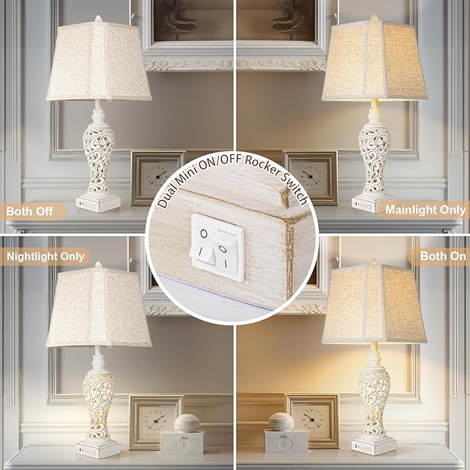 Vintage Table Lamps Set of 2, 28.5'' High Bedside Lamps with Fabric Shade, Farmhouse Nightstand Lamps with USB A+C Ports and Nightlight - Perfect for Living Room Bedroom Office Study (Bulb Included) - Bloomnest
