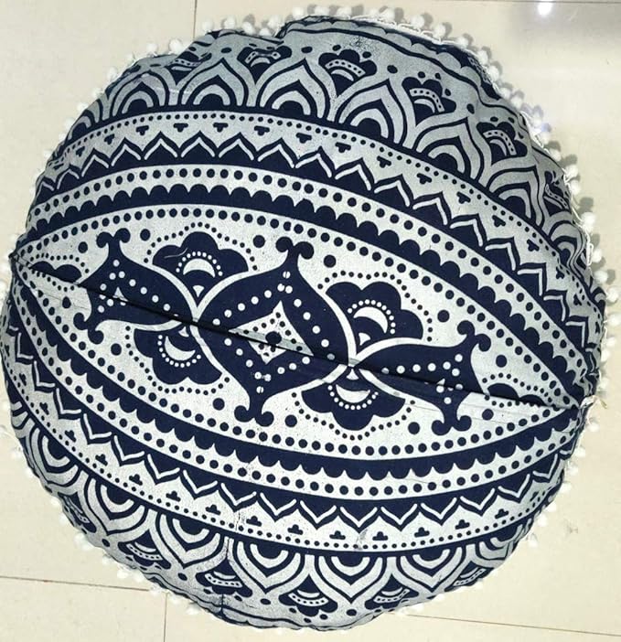 INDIAN CRAFT CASTLE 24" Blue Silver Mandala Barmeri Large Floor Pillow Cover Cushion Meditation Seating Ottoman Throw Cover Hippie Decorative Zipped Bohemian Pouf Ottoman Pom Pom Cases 24" Round - Bloomnest