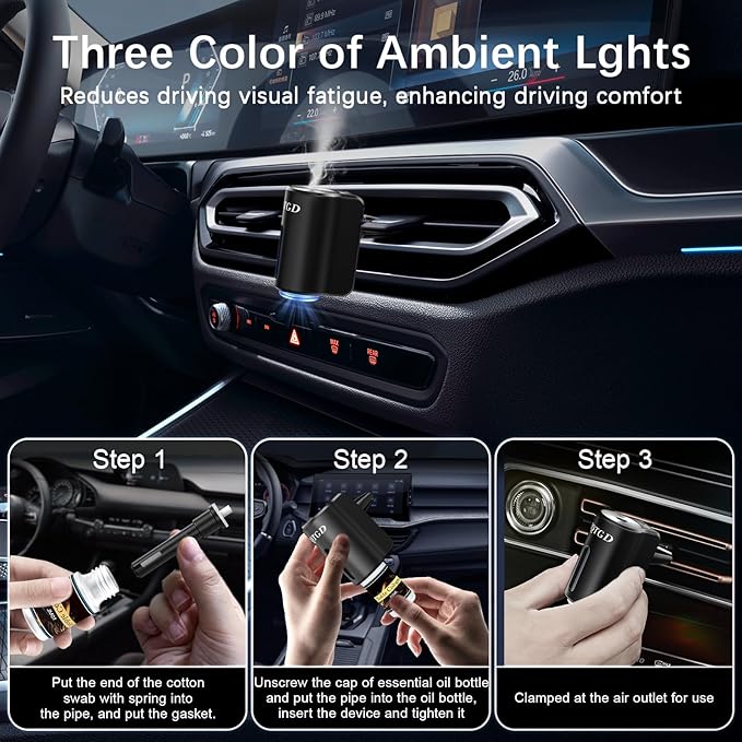 Smart Car Air Freshener, Car Air Freshener Diffuser with 3 Adjustable Light Modes, Rechargeable Aromatizante para Carro with 8pcs Essential Oil, Long-Lasting, Black - Bloomnest
