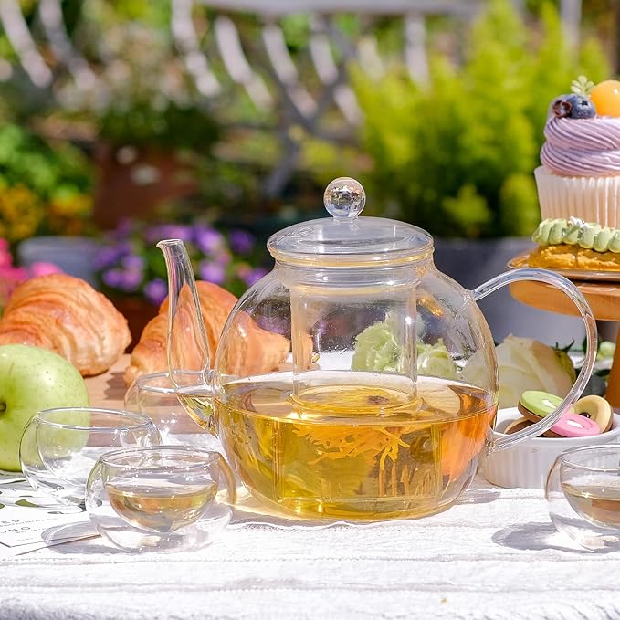 Glass Teapot Set with 4 Teacups, 1500 ml/50 oz Tea Pot with Infusers for Loose Tea and Flower Tea, Stovetop and Microwave Safe Borosilicate Glass Tea Kettle, Tea Gift Sets for Tea Lovers - Bloomnest