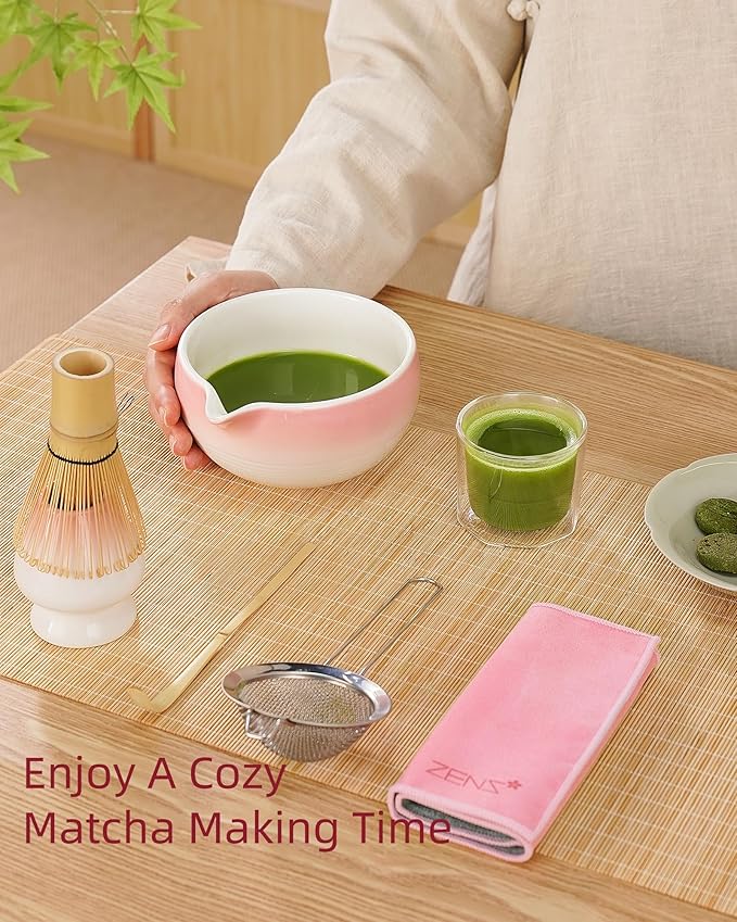 ZENS Pink Matcha Set, 6pcs Matcha Kit Includes Ceramic Bowl, Handcrafted Bamboo Whisk and Chasen Holder, Scoop, 304 Sifter & Tea Mat, Matcha Whisk Set Gift for Matcha Lovers - Bloomnest