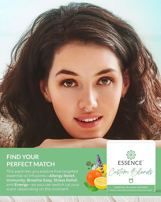 Essence Nasal Diffuser Custom Blends Bundle – Essential Oil Silicone Nose Rings for Energy, Immunity, Stress & Allergy Relief – Wearable Aromatherapy for Daily Wellness & Relaxation - Bloomnest