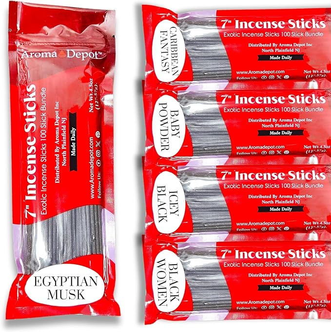 Aroma Depot Meditation Vibes 7'' Incense Sticks - Variety Set 500 Pack - 7 inch - 5 Bundles 100 Sticks Per Scent. Set Features Baby Dust Type, Black Women, Caribbean Fantasy, Egyptian Musk, Icey Black