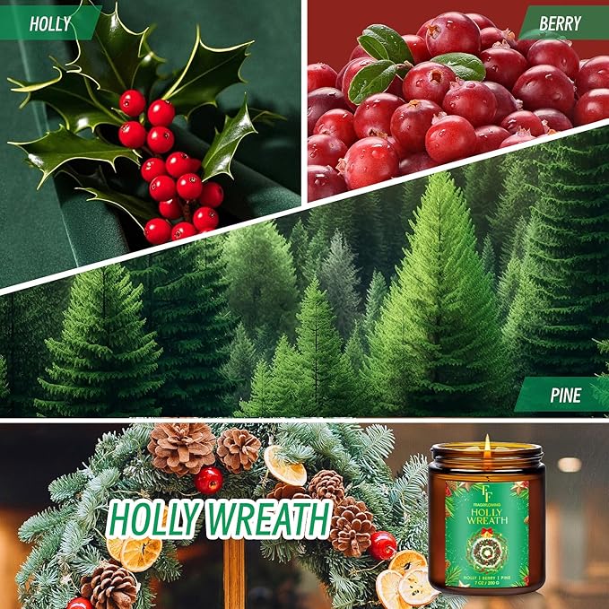 Christmas Candle, Holly Wreath Scented Candles for Home, Holiday Candles Natural Soy Candle, Aromatherapy Candle 7 oz Jar Candles Christmas Gifts for Women Men - Bloomnest