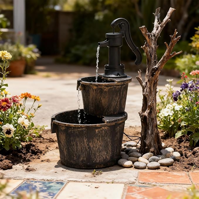 Athena Collection 27'' Height Electric Waterfall Fountain 2 Tier Stepped Barrel Vintage Fountain Polypropylene with Pump Freestanding Floor Tabletop Fountain for Outside, Patio, Garden, Bronze - Bloomnest