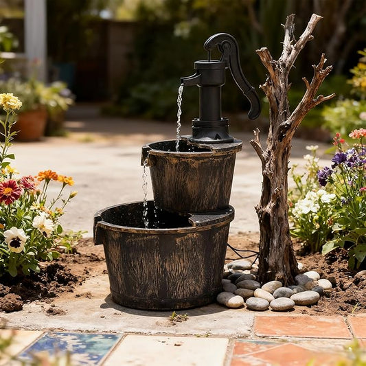 Athena Collection 27'' Height Electric Waterfall Fountain 2 Tier Stepped Barrel Vintage Fountain Polypropylene with Pump Freestanding Floor Tabletop Fountain for Outside, Patio, Garden, Bronze - Bloomnest