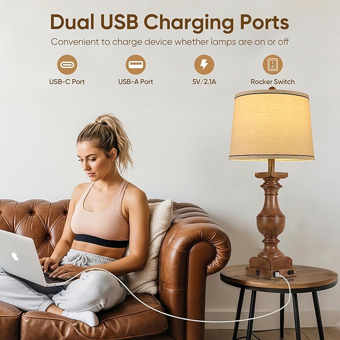WIHTU Wood Grain Color Table Lamps, 28'' Resin Desk Lamp for Bedroom, Nightstand Lamps Set of 2, Farmhouse Bedside Lamps with Linen Shades, Rocker Switch, Table Lamps with USB A+C Port, Bulb Included - Bloomnest