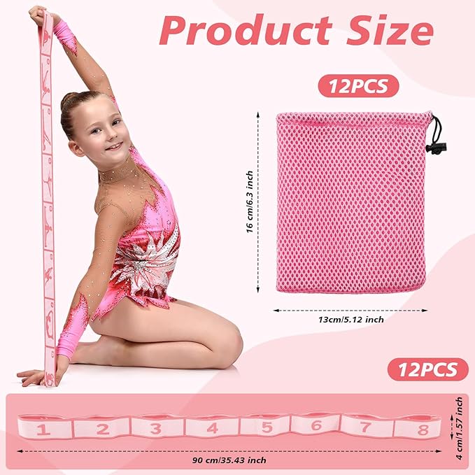 Soulchen 12 Sets Stretching Strap with 8 Loops for Kids Include 12 Storage Bags 12 Children Gymnastics Stretching Strap for Cheer Dance Training Elastic Band Cheerleading Training Ballet Yoga (Pink) - Bloomnest