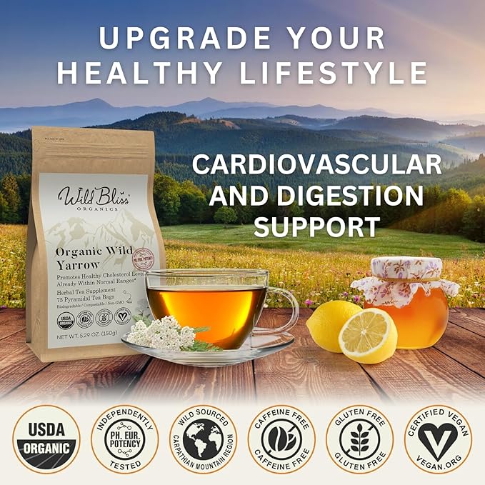 Organic Wild Yarrow Flower Herbal Tea - Caffeine Free - Pharmacopoeia Potency - 75 Plant Based Tea Bags - Bloomnest