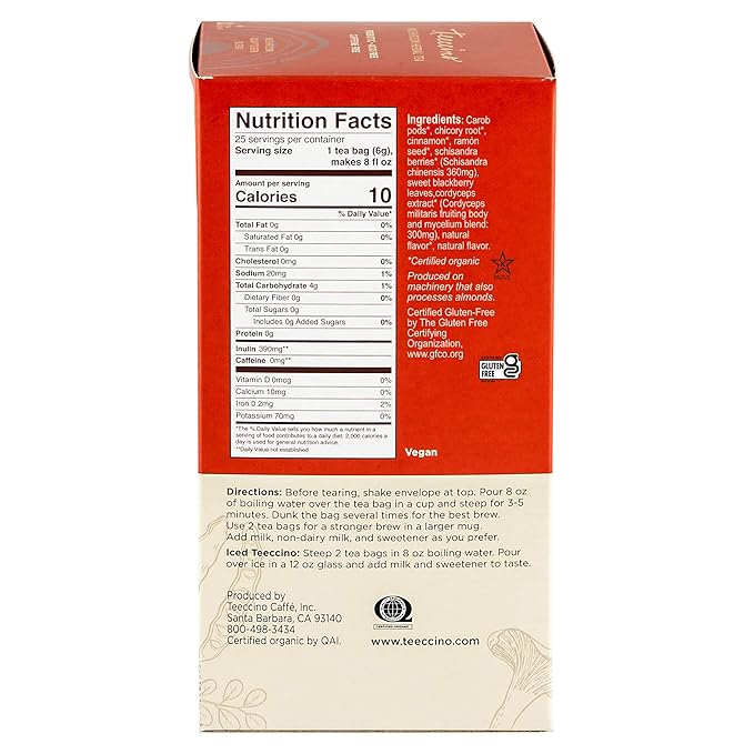 Teeccino Cordyceps Schisandra Tea - Cinnamon Berry - Caffeine Free Mushroom Adaptogenic Herbal Tea, 3x More Herbs Than Regular Tea Bags, Naturally Sweet, Gluten Free, Prebiotic - 25 Tea Bags - Bloomnest
