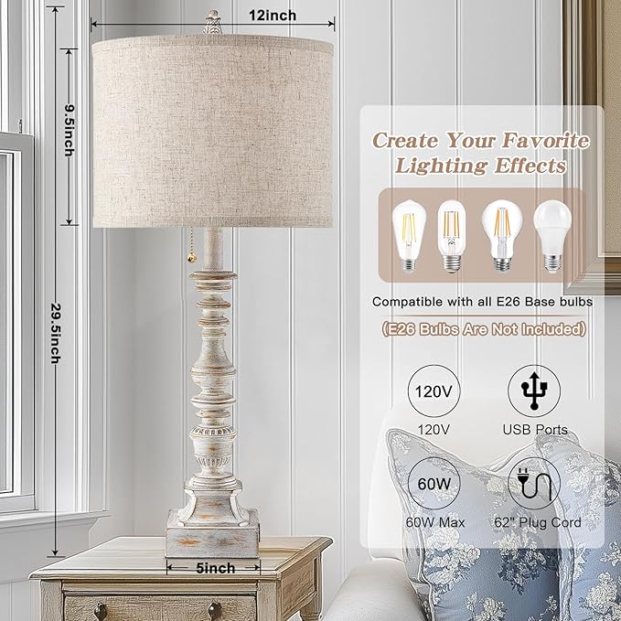 Set of 2 Farmhouse Table Lamps for Living Room, 29.5" Inch Tall Rustic Bedrooms Nightstand Table Lamp with USB-C & USB-A Charging + AC Outlet, Pull Chain Bedside Lamp for End Table, Antique White - Bloomnest