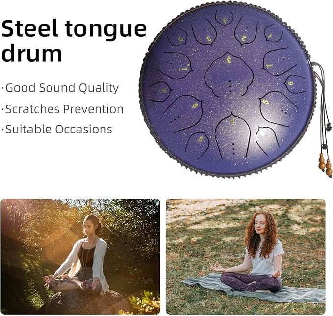 14 Inch 15 Notes D Major Steel Tongue Drum,Premium Adult's Music Hand Drum Instrument,Clean Clear Ethereal Sounds,Purple - Bloomnest