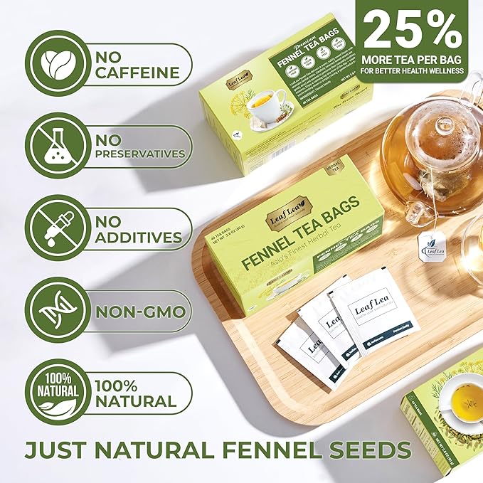 LeafLea 80 Premium Fennel Tea Bags, Pure Dried Fennel Seed Tea, Daily Ease & Balance, Naturally Sweet Taste, Caffeine-Free, Sugar-Free, Non-GMO, Vegan, Individually Wrapped - Bloomnest