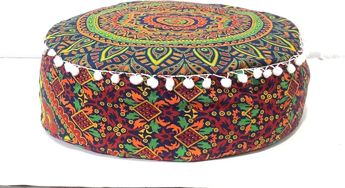 INDIAN CRAFT CASTLE ICC Floor Pillows & Cushion Covers Decorative Hippie Mandala Pouf Pillow Covers Seating Meditation Cushion Cover Large Boho Ottoman Case Pillowcase Couch New Blue, 16" Round - Bloomnest