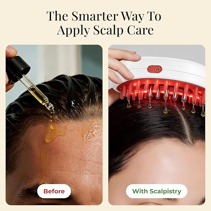 7-1 Red Light Hair Brush Comb | Vibrating Electric Red Light Scalp Massager + Oil Applicator for Fuller-Looking Hair Care | Scalp Massage for Head Spa | Portable, Cordless & Waterproof Scalpistry
