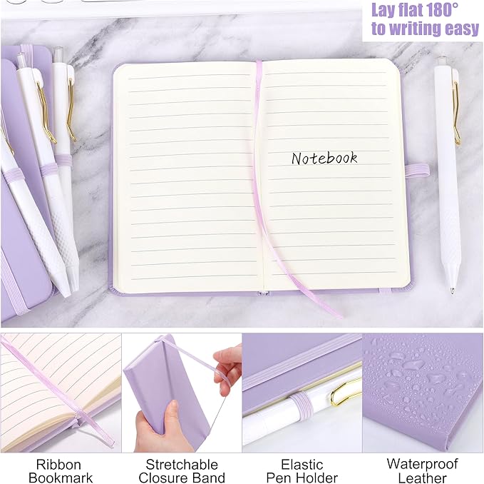 Aodaer 50 Sets Pocket Notebook Journal with Pens, 160 Pages, 3.5 x 5.5 Inch Mini Lined Journal Notebook A6 Leather Hardcover College Ruled Notepad with Pen Holder for School Office Gifts, Lavender - Bloomnest