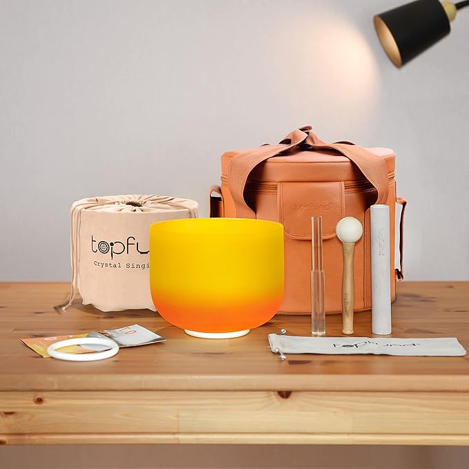 TOPFUND Orange Yellow E Note Crystal Singing Bowl Solar Plexus Chakra 10 inch with Heavy Duty Carrying Case and Suede Mallet