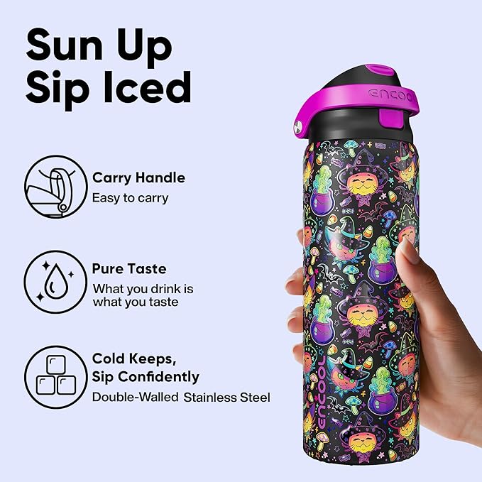 Encool SwiftSip Insulated Stainless Steel Water Bottle with Straw - Leak Proof Sports Water Bottle for School, Travel, Keeps Cold All Day, One-Touch Flip Lid, BPA-Free, 32 oz, Meowgic Night ENCOOL