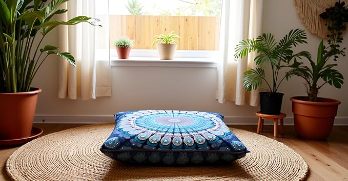 INDIAN CRAFT CASTLE 24" Blue Peacock Mandala Barmeri Large Floor Pillow Cover Cushion Meditation Seating Ottoman Throw Cover Hippie Decorative Zipped Bohemian Pouf Ottoman Pom Pom Cases 24" Square - Bloomnest