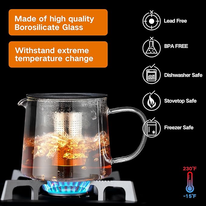 Glass Teapot 51oz/1500ml with Removable Stainless Steel Infuser Tea pot, Heatproof Borosilicate Glass Tea Make, Stovetop Safe Glass Tea Kettle for Loose and Blooming Leaf Tea - Bloomnest