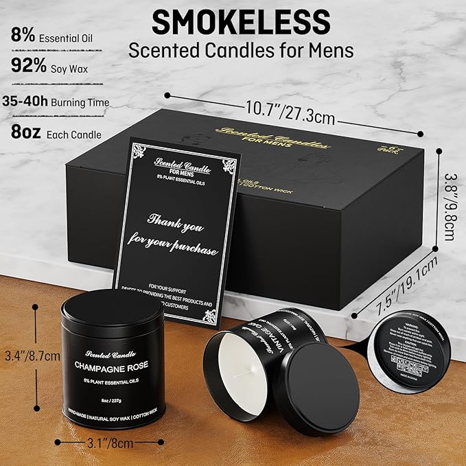 Men Scented Candle Set | Gifts for Men Aromatherapy Candles | 6 Pack Fragrances Black Tin Jar Candles | Scented Candle for Home,Work,Party | Manly Soy Candle Gifts for Boyfriend,Farther and Christmas - Bloomnest