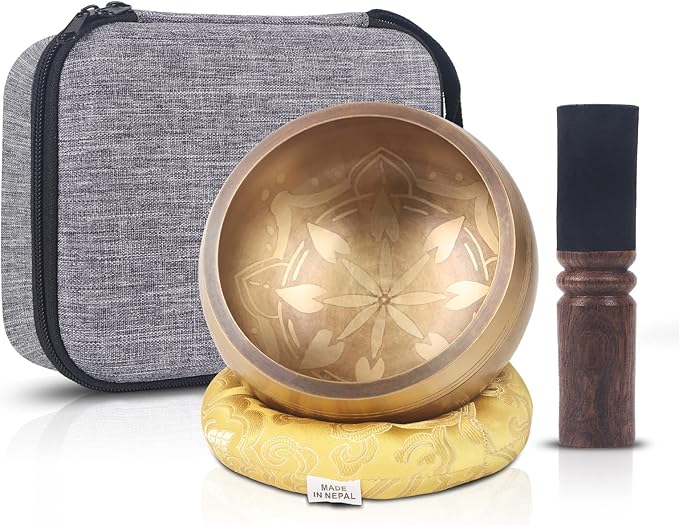 Kmise Tibetan Singing Bowls Set- Handmade in Nepal Meditation Sound Bowls for Yoga, Meditation, Mindfulness, Healing and Chakra Balancing, Stress Relief (5', Gold Flower) - Bloomnest