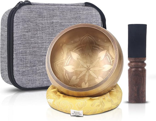 Kmise Tibetan Singing Bowls Set- Handmade in Nepal Meditation Sound Bowls for Yoga, Meditation, Mindfulness, Healing and Chakra Balancing, Stress Relief (5', Gold Flower) - Bloomnest
