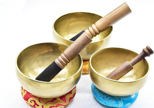 Chakra Healing Tibetan Singing Bowls Set of 3 pieces ~ Hand Hammered Himalayan Yoga Meditation Bowls - 4.5" to 5.5" - included 3 Mallets, and 3 cushions. Handmade in Nepal GKCOKukriHouse