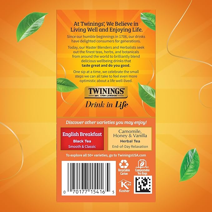 Twinings Ceylon Pure Black Tea Individually Wrapped Bags, 20 Count (Pack of 6), formerly Ceylon Orange Pekoe, Crisp, Refreshing, Caffeinated, Enjoy Hot or Iced, 120 Teabags - Bloomnest