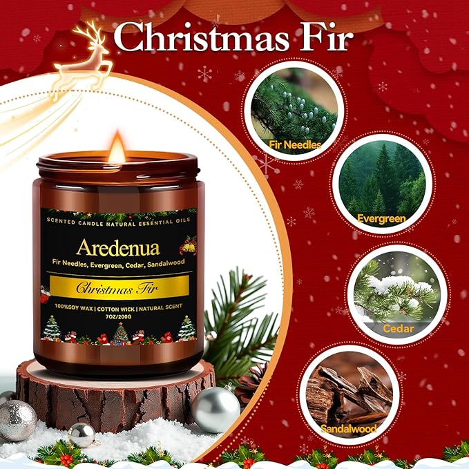 Christmas Candles - Christmas Fir Candle | 7 oz Soy Candles with Fresh Evergreen & Pine Tree Scent | Winter Holiday Scented Candle, Xmas Gift for Men & Women - Bloomnest