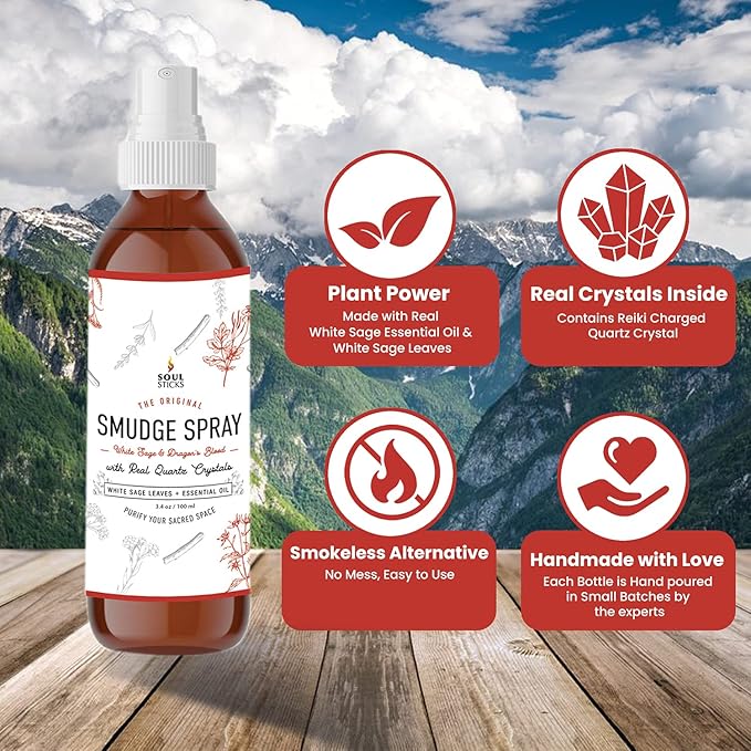 SOUL STICKS White Sage & Dragon’s Blood Smudge Spray – 3.5oz Smokeless Energy Mist with Quartz Crystals – Protective Smudging Spray for Aura Cleansing & Home Energy Clearing SoulSticks