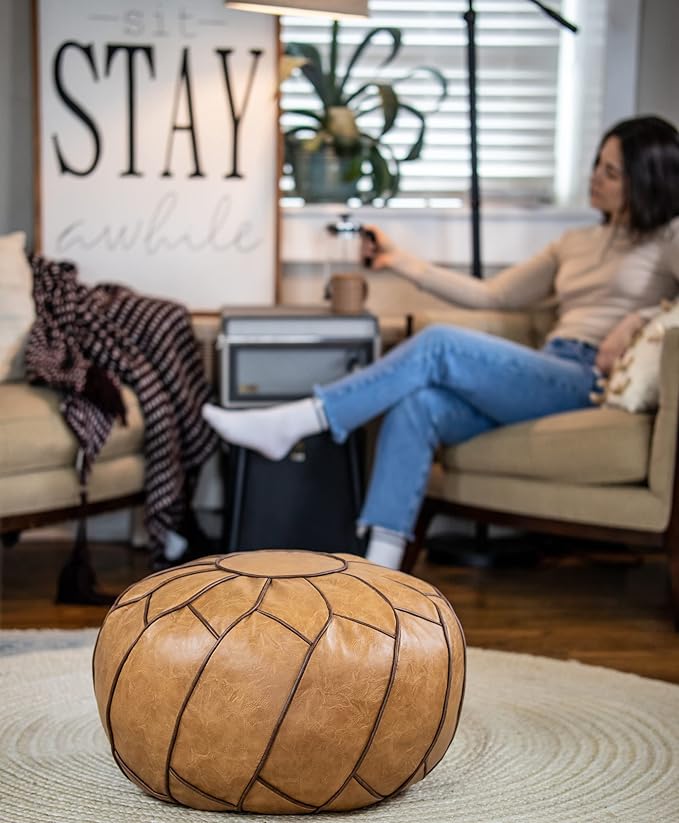Moderner Faux Leather Pouf Unstuffed Ottoman Moroccan Footstool, Floor Footrest Cushion, Storage Solution - Natural Brown Color (Camel, Round) - Bloomnest