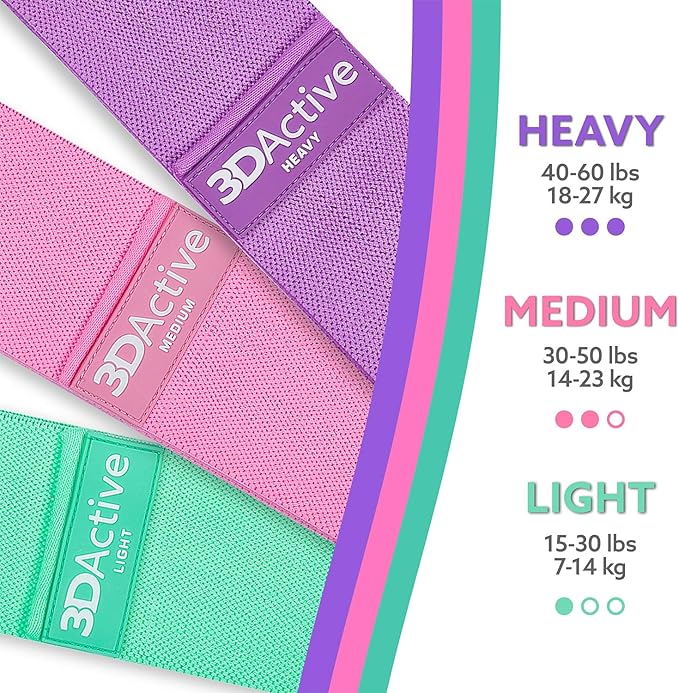 3DActive Fabric Resistance Bands for Legs & Butt. Wide Non-Slip Hip Band Set for Home & Gym Workouts. Exercise Guide & Carry Bag Included. - Bloomnest