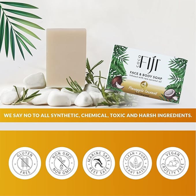 "Coco Fiji Soap Bar for Face and Body Infused With Organic Coconut Oil, Pineapple Coconut Essential Oil, Natural Soap for Moisturizing & Pore Purifying Skin, 7 oz, Pack Of 3 " - Bloomnest