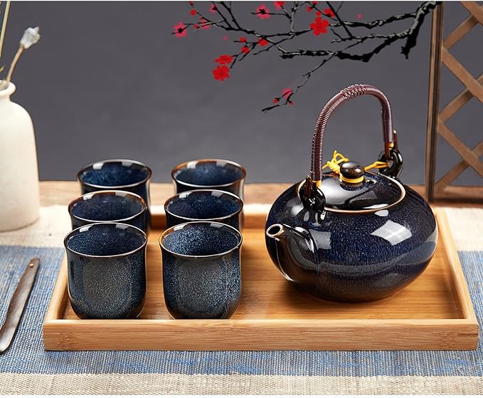 DUJUST Japanese Tea Set for 6, Kiln Altered Glaze Porcelain Tea Set with 1 Teapot, 6 Tea Cups & 1 Tea Tray, Unique Chinese Tea Sets for Adults/Tea Lovers/Women/Men, Dark Blue - Bloomnest