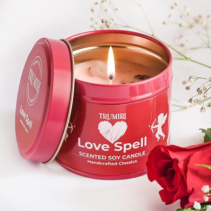 Love Spell - Scented Candles for Women & Men with Rose Petals and Crystals - 5oz Soy Clean Organic Non Toxic - Velas Aromáticas - Aromatherapy Spa Valentines Gift Home Décor Aesthetic Candel TRUMIRI