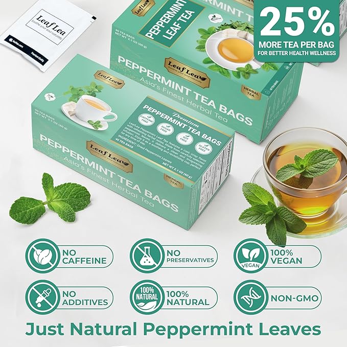 LeafLea 40 Peppermint Tea Bags, Natural Peppermint Leaf Herbal Tea with Cool Taste, Te De Menta for Gentle Digestive Support, Te De Hierba Buena, Caffeine-Free, Sugar-Free, Vegan, Individually Wrapped - Bloomnest