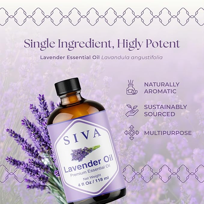 Siva Lavender Essential Oil - 4 Fl Oz – 100% Natural Lavender Oil - for Diffuser, Face, Skin Care, Aromatherapy, Hair Care, Scalp and Body Massage - with Dropper - Bloomnest