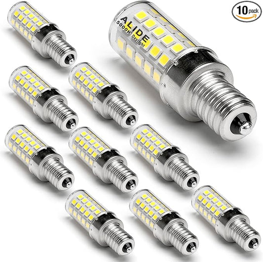 ALIDE E12 60W LED Bulbs Daylight White 5000K, E12 Kx 2000 60 Watt Equivalent Ceiling Fan Light Bulbs, Small Base T6 C7 Candelabra LED Light Bulbs, 550 Lumen, Non-dimmable 120V, 10 Pack - Bloomnest