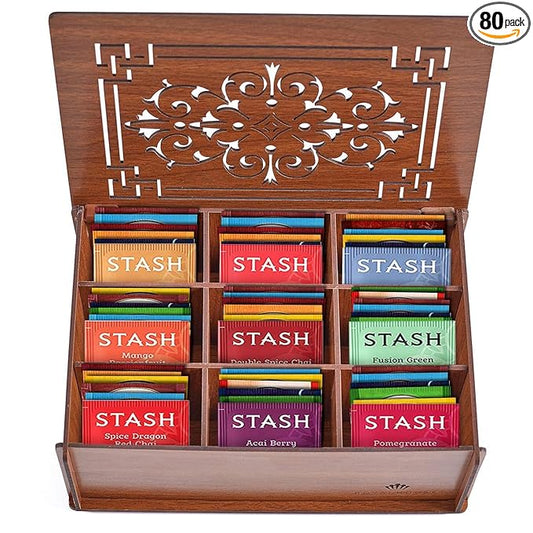 Tea Sampler Gift Box – 80 Tea Bags, 28 Unique Flavors – MDF Wooden Organizer – Premium Variety Pack for Family, Friends, Coworkers – Brown Edition - Bloomnest
